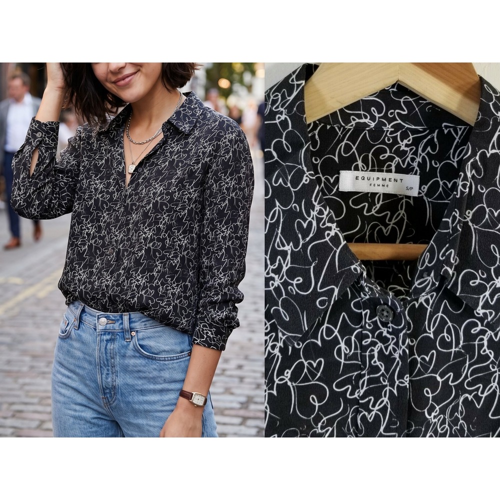 Equipment Reese Heart Print Washed Silk Button Down Blouse Black White S $268